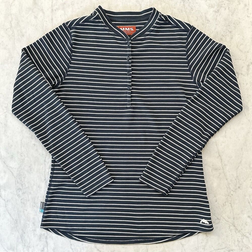 SIMMS Women's Medium Drifter Henley Shirt Dark Moon Blue Striped Long Sleeve M